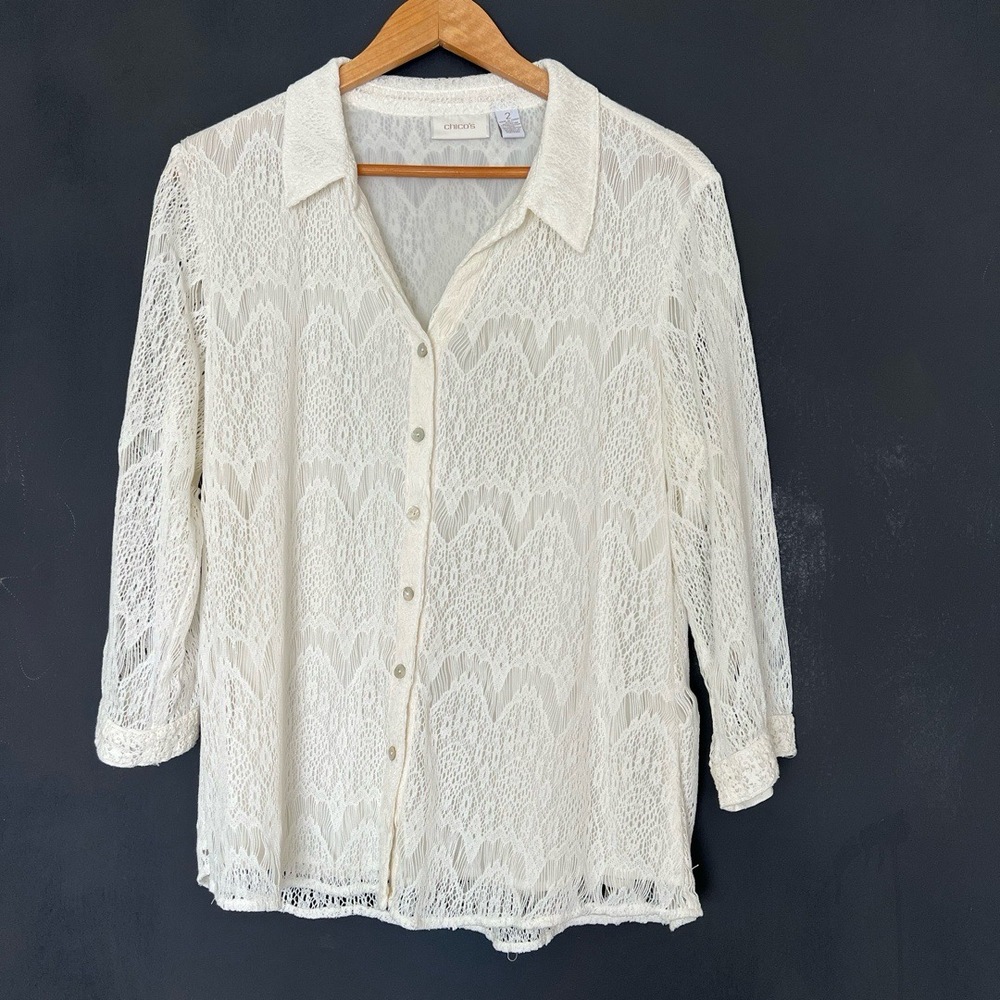 Chicos Blouse Womens Size Large Ivory Crochet 34‎ Sleeve Relaxed Resort Breezy